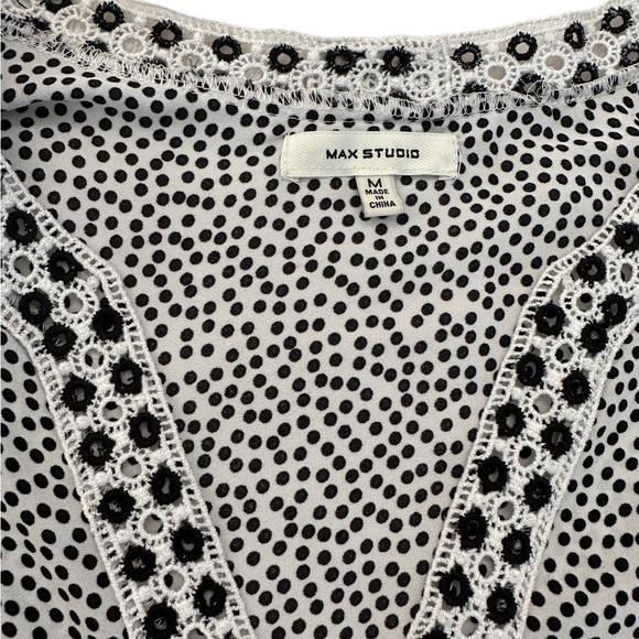 MAX STUDIO Blouse Polka Dot Eyelet V-Neck Balloon Sleeve Black White Size M - Picture 5 of 17